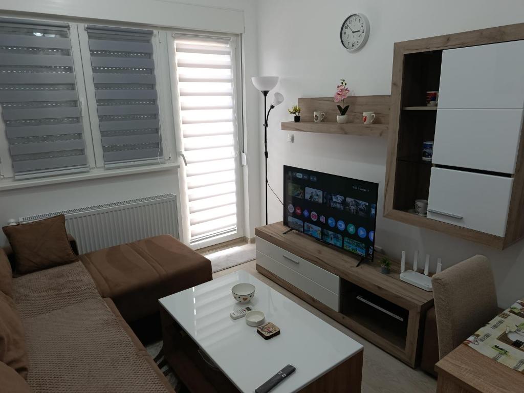 a living room with a couch and a tv at Top Spa apartman in Banja Koviljača