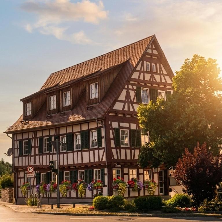a large house with flowers in front of it at Rose Boardinghouse 24h-7d Self Check-In Automat in Großbottwar