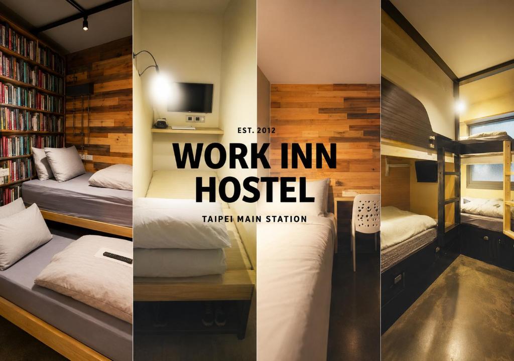 a collage of three pictures of a hotel room at WORK INN TPE in Taipei