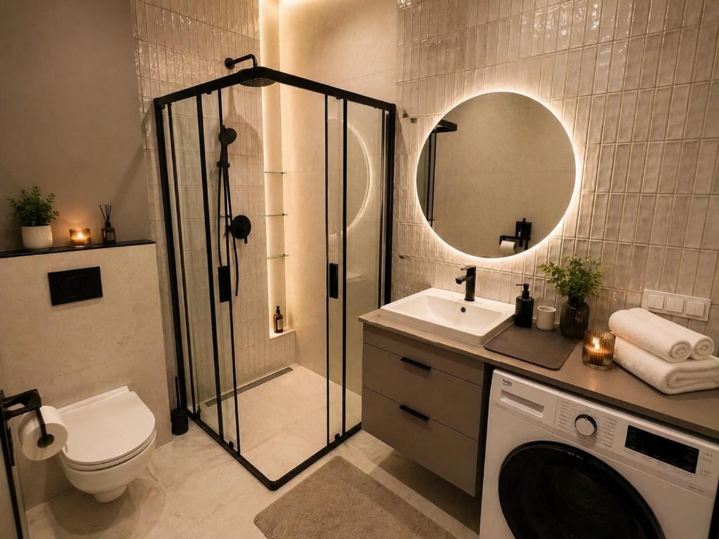 a bathroom with a shower and a toilet and a sink at Ceglana Apart 01A in Katowice