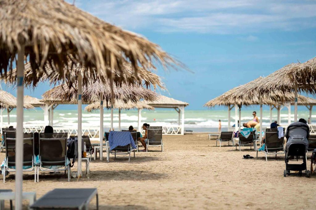 people sitting in chairs under straw umbrellas on a beach at Sea Breeze in Baku