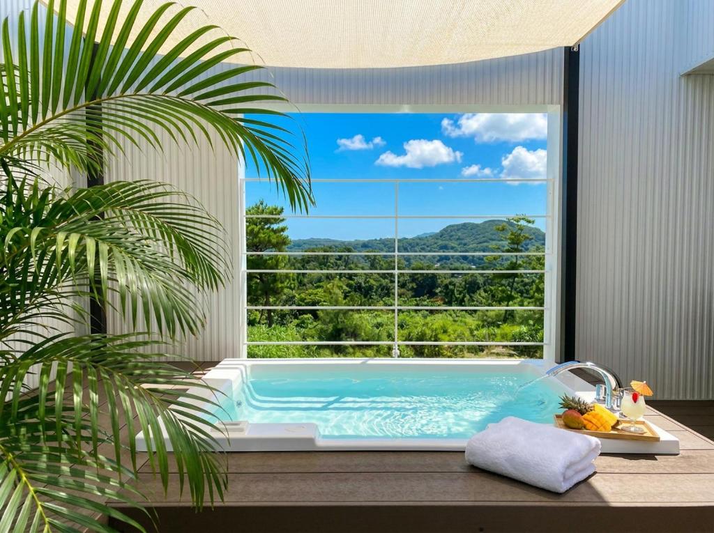 a bathroom with a pool with a large window at Villa COLORS by Relapool in Inbu