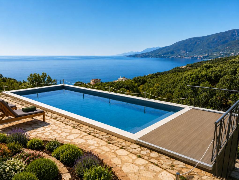 a swimming pool with a view of the water at Calypso Private Estate in Xiropigado