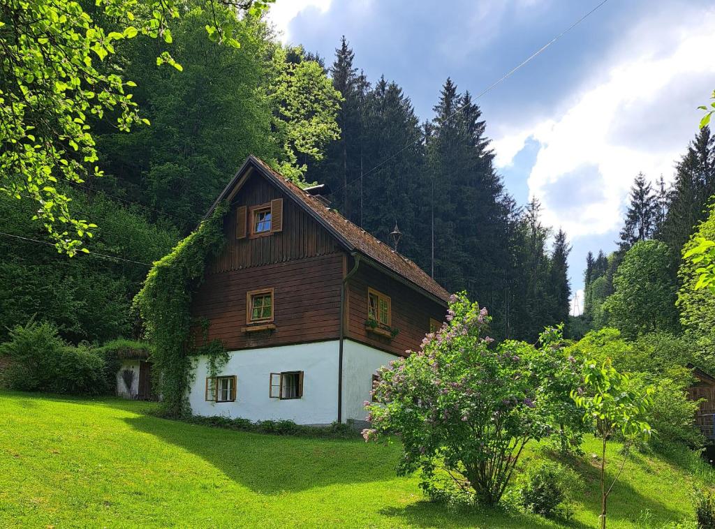 a house in the middle of a field with trees at Ferienwohnung Urmannsau in Gaming