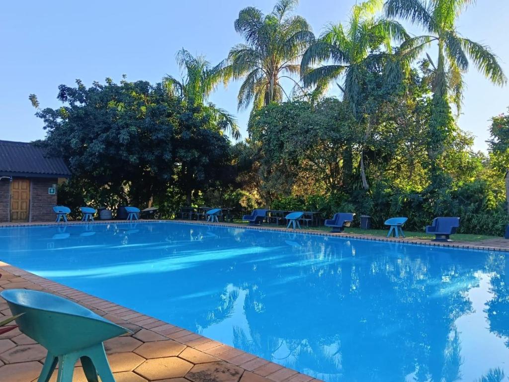 a swimming pool with chairs and palm trees at Ocean House in St Lucia