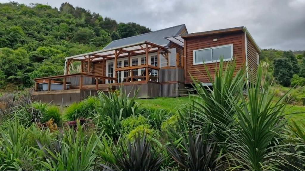 a house on the hill with trees at Kōtare Cabin, Thames Coast in Tapu