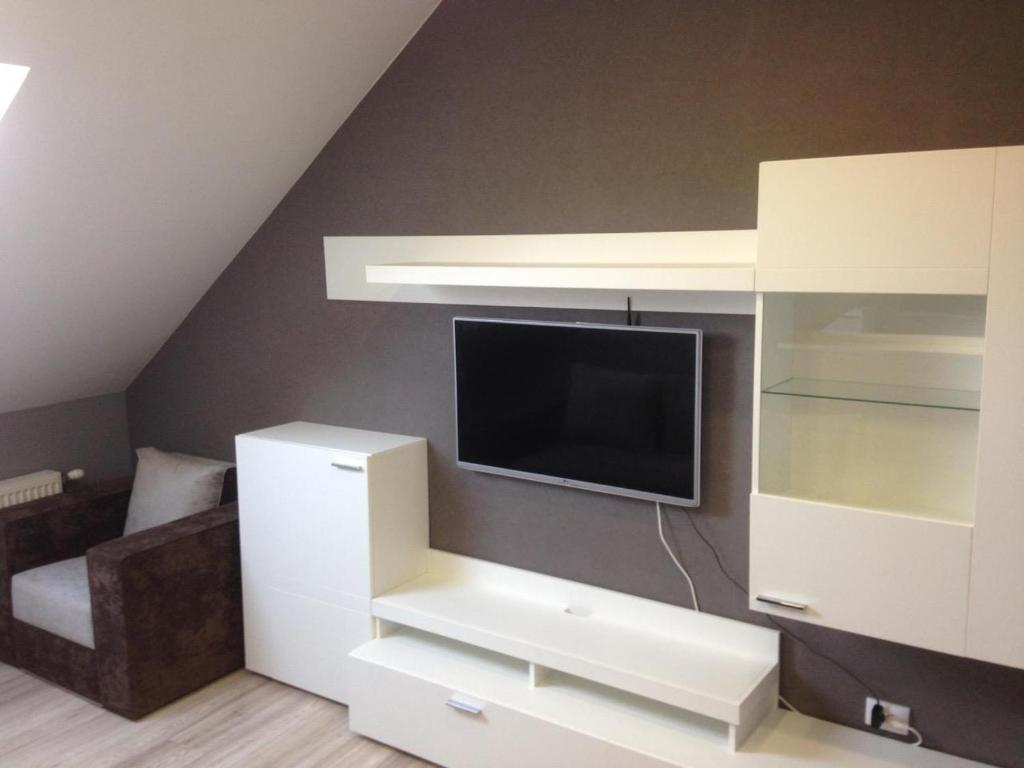 a living room with a tv on a wall at Apartment on Nezalezhnosti Embankment in Uzhhorod