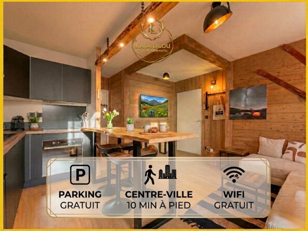 a kitchen with a bed and a table in a room at L'Igloo - Balcon- Vue- Chic pres St-Lary in Vignec