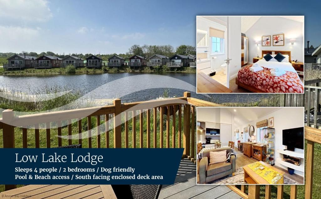 a collage of pictures of a house on a lake at Low Lake Lodge - Lakeside - Part of the The Bay Filey Holiday Village with pool, gym and direct beach access, pub, restaurant, tennis and meadows walks in Reighton