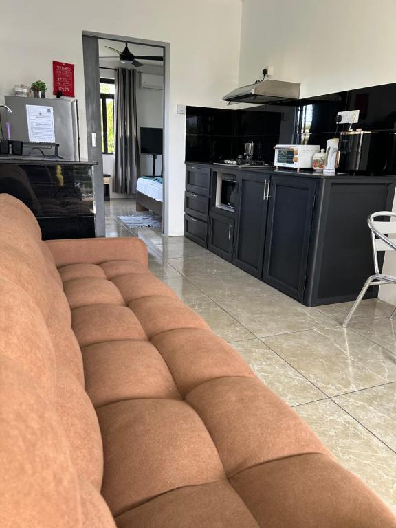 a living room with a couch and a kitchen at Serenity Apartments in Albion