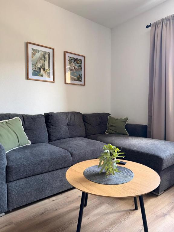 a living room with a blue couch and a table at Apartman Andrea in Posušje