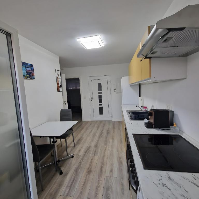 a kitchen with a table and a counter top at Monteurzimmer Wohnung in Dillingen an der Saar