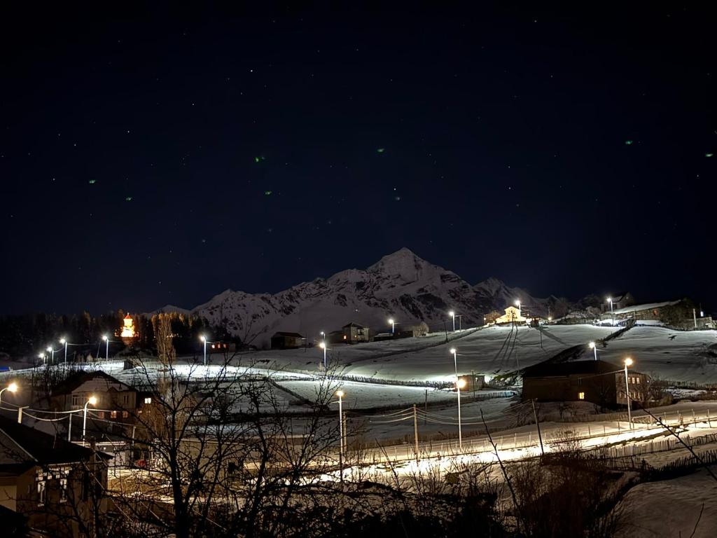 a snow covered city at night with a mountain at Guesthouse Roza in Tsvirmi