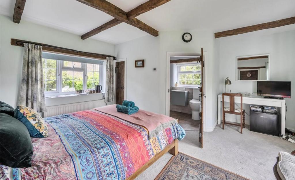 a bedroom with a bed and a television and a bathroom at Old Weavers in Corsley