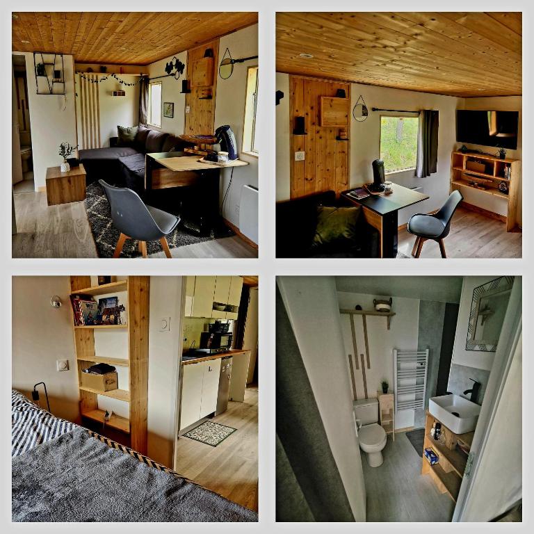 a collage of four pictures of a tiny house at Cosy camping in Crots