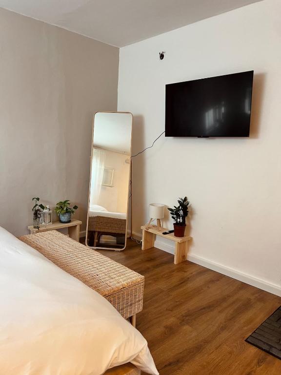 a bedroom with a bed and a flat screen tv on the wall at צימרים בצפון - אדם אדמה in Sheʼar Yashuv
