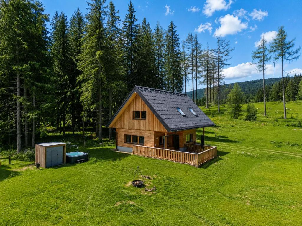 eine kleine Hütte mitten auf einer grünen Wiese in der Unterkunft Chalet Modriach - Private Sauna & Whirlpool in Modriach