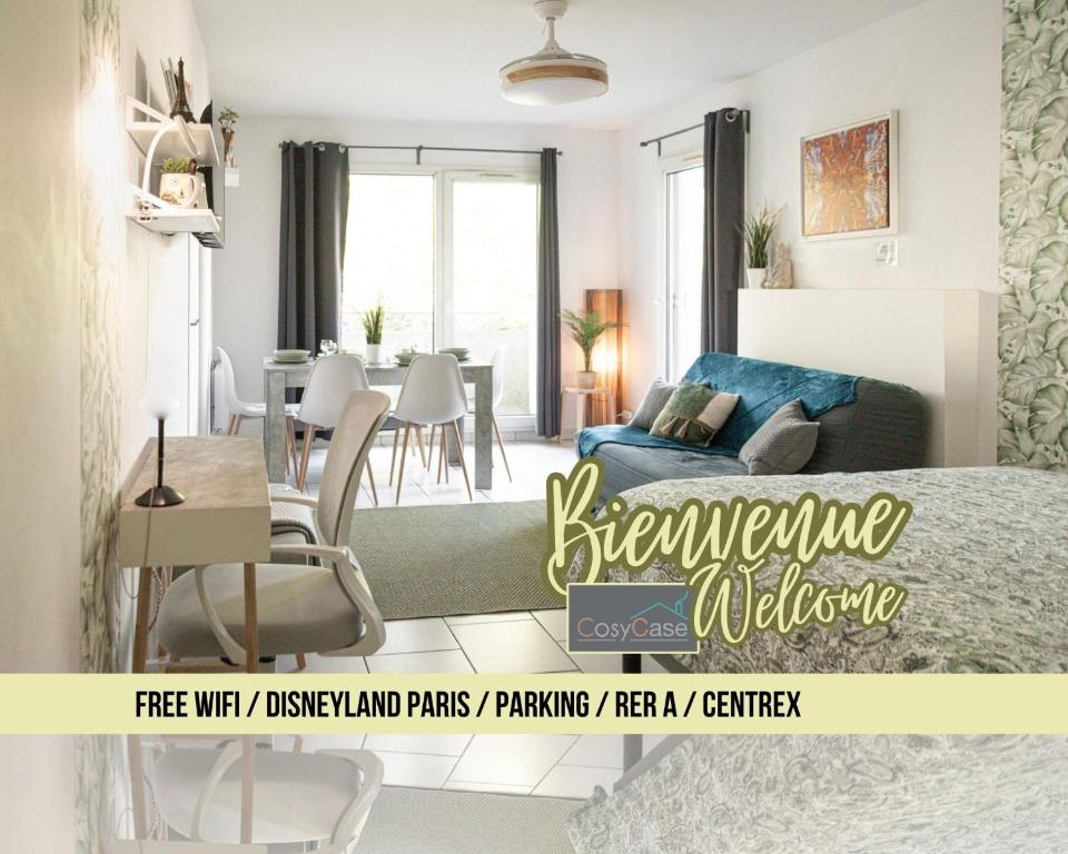 a bedroom with a blue bed and a dining room at Appartement Cosy Case 6 pers parking proche Disney et Paris in Champs-sur-Marne