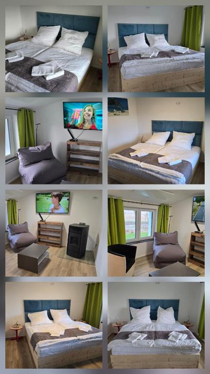 a collage of photos of a bedroom with a television at Relax House in Dommitzsch