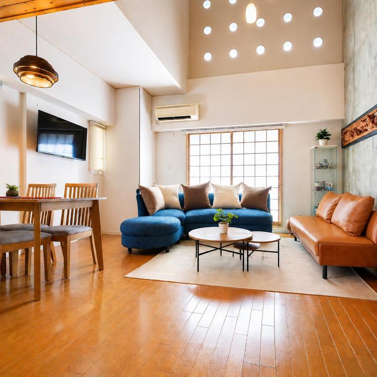 a living room with a couch and a table at Grand Reve KODEKI Near Nagoya Dome in Yadachō
