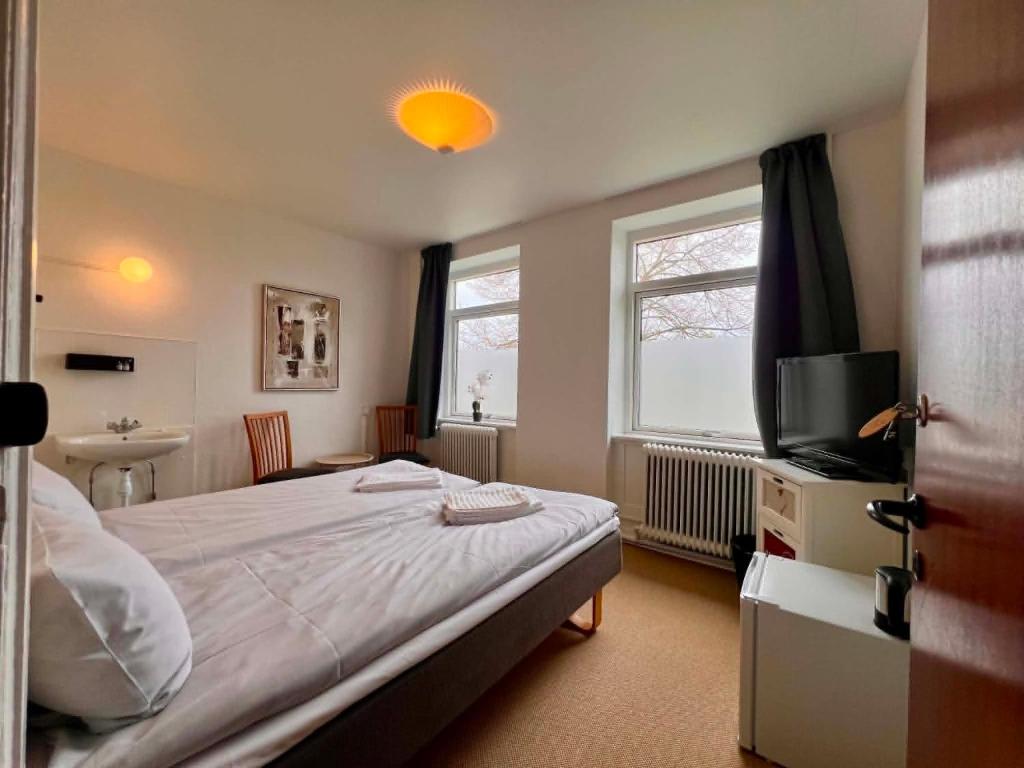 ein Schlafzimmer mit einem Bett, einem Fernseher und einem Waschbecken in der Unterkunft Sverres Hotel in Rønne