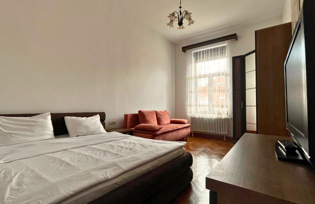 a bedroom with a bed and a chair and a television at Fuchsl Palace Grand Suite - Ultra Central in Oradea