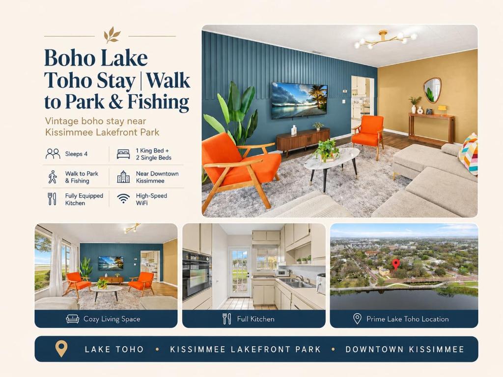 a collage of four pictures of a living room at SUPER BOHO - At Lake Toho Fishing VINTaGE VIBEs in Kissimmee