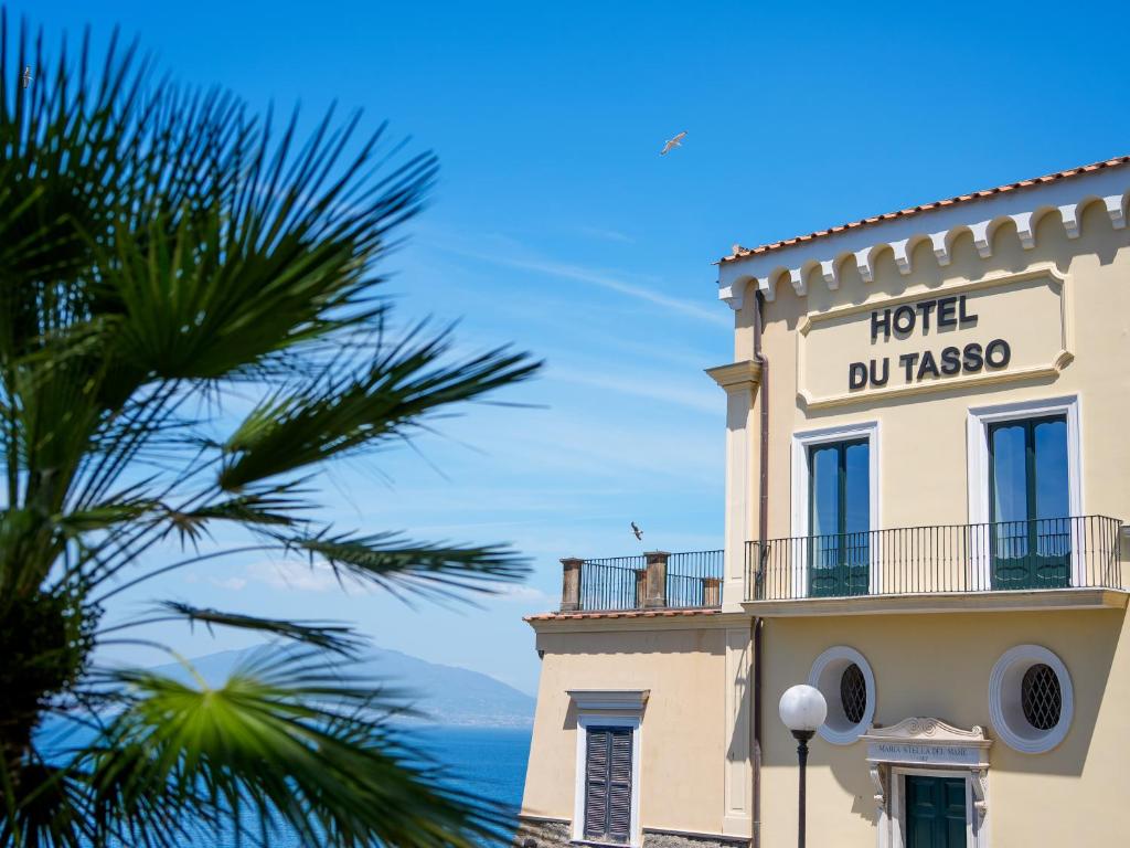 a hotel building with a palm tree in front of the ocean at Hotel du Tasso Sorrento in Sorrento
