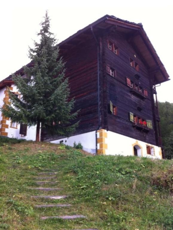 a large building on top of a hill with a tree at Magnifique chalet familial in Evolène
