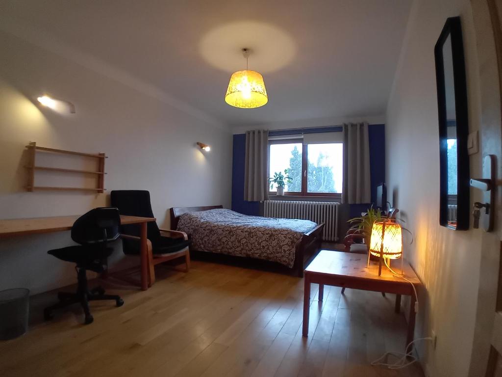 a bedroom with a bed and a desk with a lamp at Villa des écureuils in Dole
