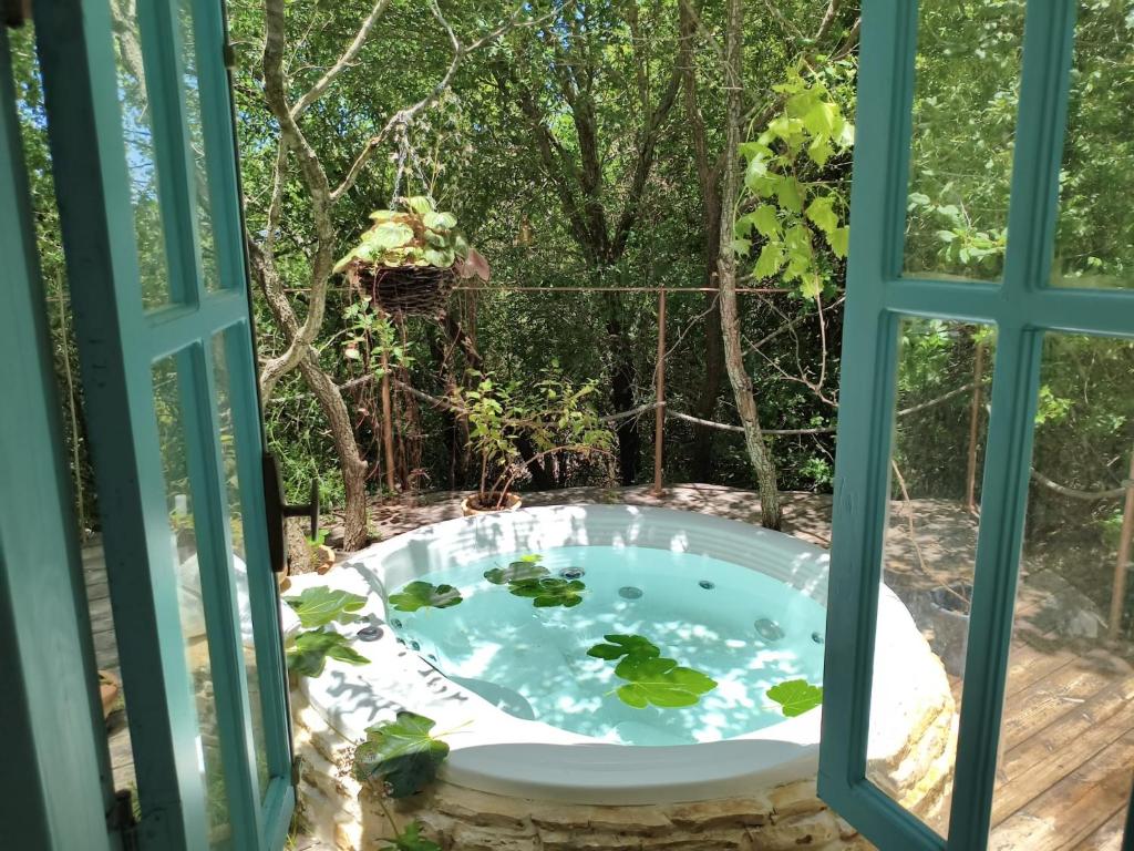 a garden outside a window with a pond at Love Frequency - יורט קסום במתת in Mattat
