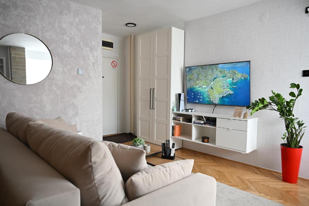 a living room with a couch and a flat screen tv at Ana Central Studio in Smederevo