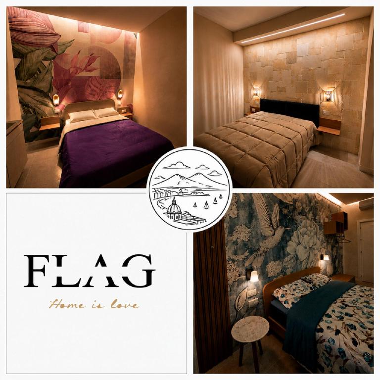 a collage of three pictures of a hotel room at Flag in Torre del Greco