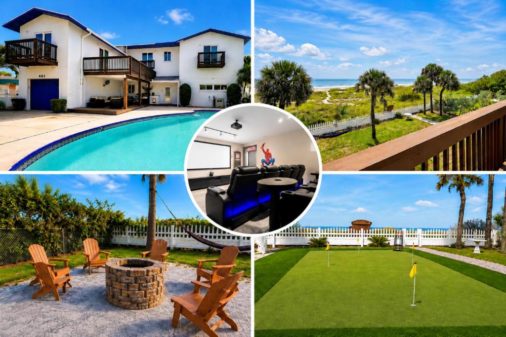 a collage of photos with a house and a pool at Direct Beachfront Villa with Private Mini-Golf, Fire & SpaceX Launch Views in Cocoa Beach