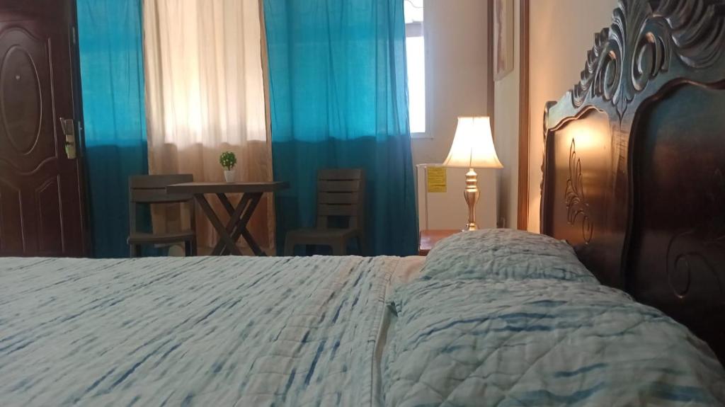 a bedroom with a large bed and a blue curtain at Residencial De Rosas in Santiago