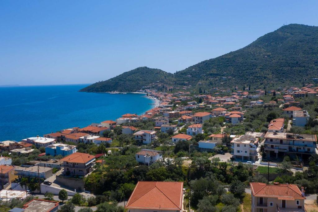 an aerial view of a town next to the ocean at Laloudaki Apartments in Tyros
