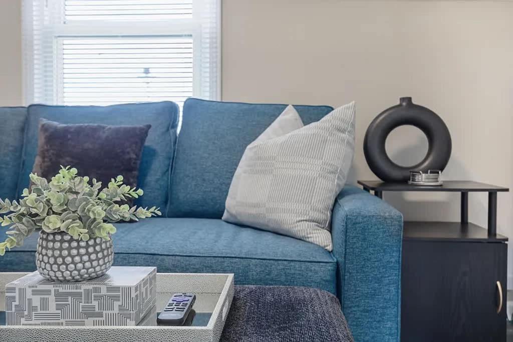 a blue couch in a living room with a potted plant at Spacious 5 Bed 2 bath House in Melrose Park