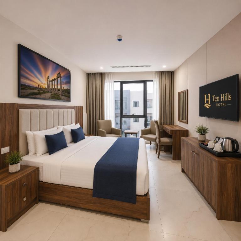 a hotel room with a bed and a desk at Ten Hills Hotel in Amman