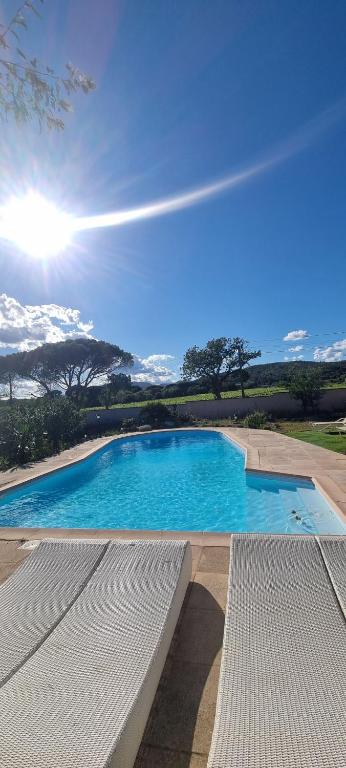 a large blue swimming pool with two benches at Le Cocon des Vignes in Vidauban
