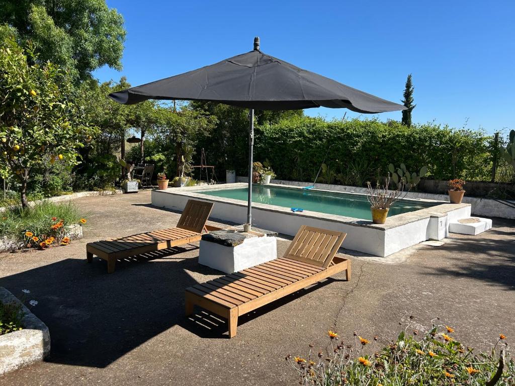 two chairs and an umbrella next to a swimming pool at Casa Melissa in Santo António do Baldio