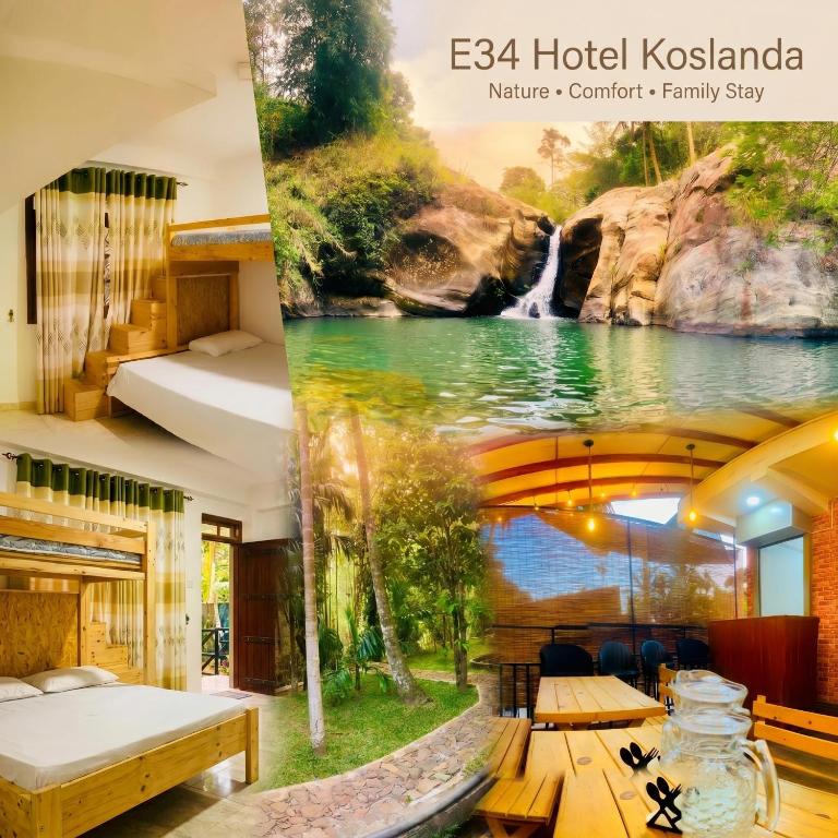 a hotel room with a waterfall mural on the wall at e34 Café, Restaurant & Hotel Koslanda Hideaway with a Private Natural Pool in Koslanda