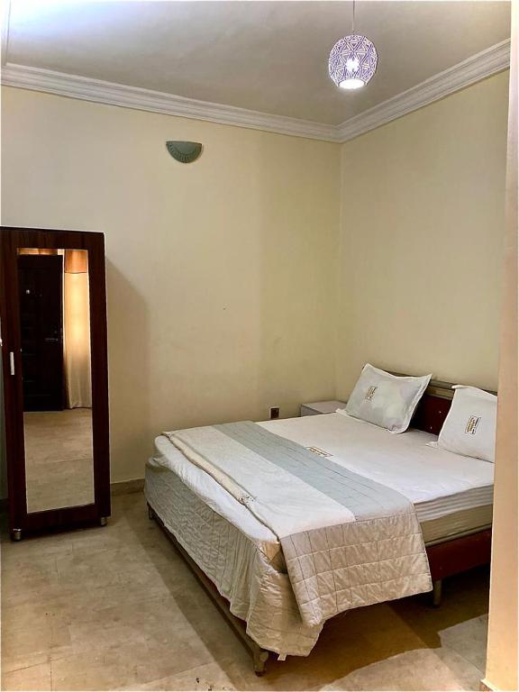 a bedroom with a bed and a mirror in it at Executive Delight Suites and Apartments in Magboro-Akeran