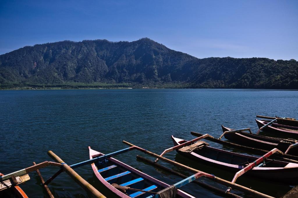 a group of boats sitting on a body of water at Strawberry Hill Hotel & Restaurant in Bedugul