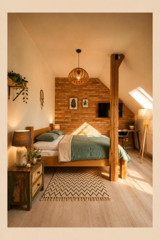 ein Schlafzimmer mit einem Bett und einer Ziegelwand in der Unterkunft Casa Burina A Quiet Boho House in Liptovský Mikuláš
