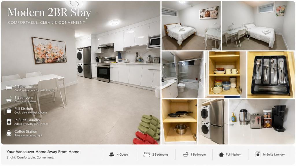 a collage of photos of a kitchen and a dining room at Modern Vancouver 2BR Suite Full Kitchen & Laundry in Vancouver