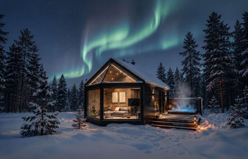 a cabin in the snow with the aurora in the sky at Levi Nordic Star Igloos in Levi