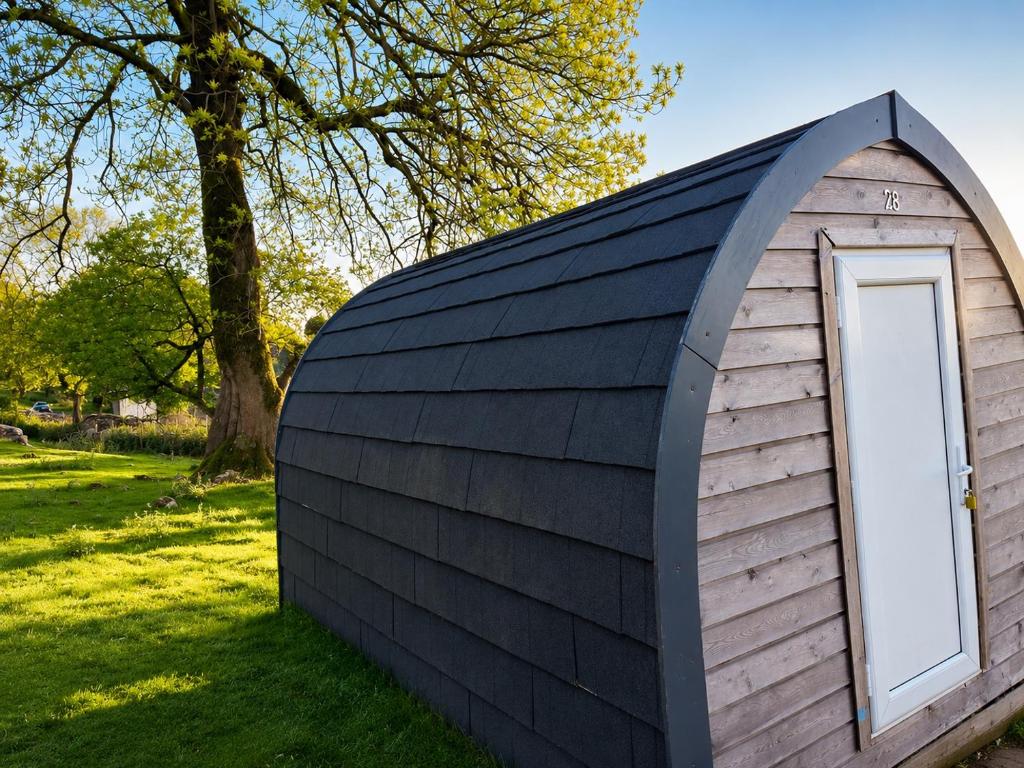 a small wooden shed with a door in the grass at Orchard Pod in Oswestry
