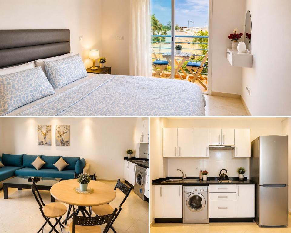 a bedroom and a living room with a bed and a kitchen at Cozy Studio Near Beach with Pool Access in Martil