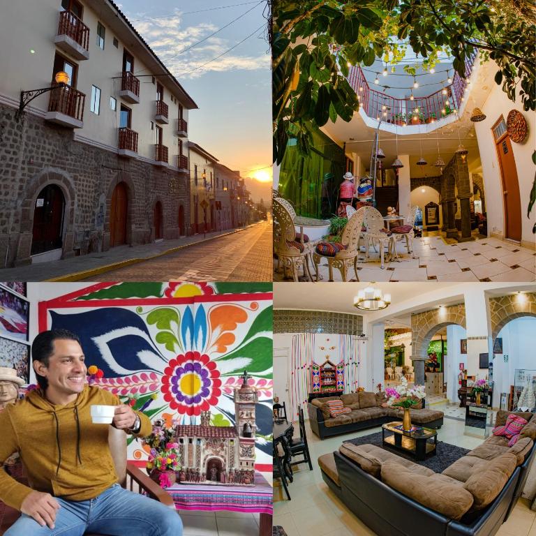 a collage of photos of a house with a man sitting at Hotel San Francisco de Paula in Ayacucho