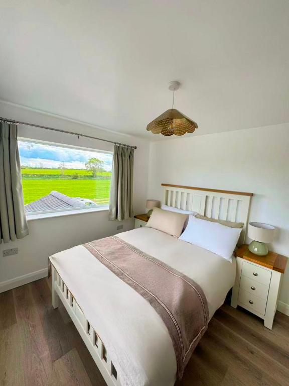 a bedroom with a large bed and a large window at Trelawney in Coleraine